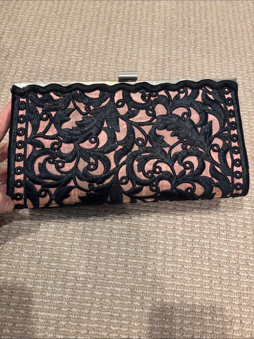 Moo Roo Black Lace Overlay Blush Pink Clutch
